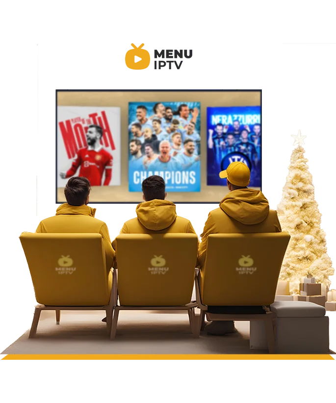 Menuiptv – friends watching live football on a big TV with the Menu IPTV subscription